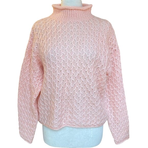 Vintage Roll Neck Mohair Cable Knit Sweater PInk Soft Girl Dainty Feminine-L - Picture 5 of 12
